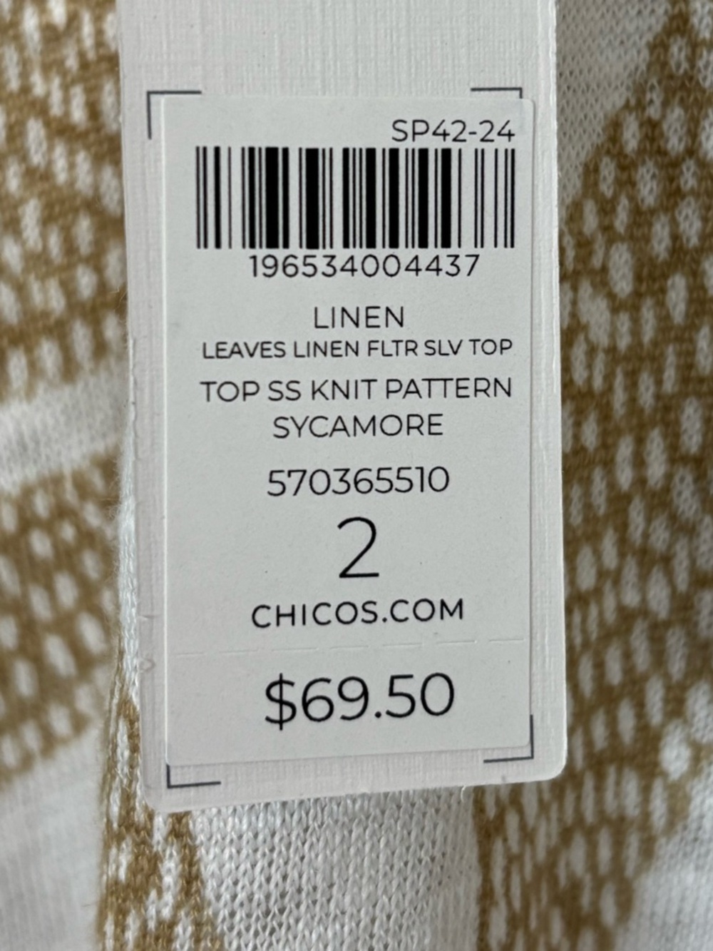 Chicos‎ Top Womens Lg 100% Linen Leaves Flutter Sleeve V-Neck Knit in Sycamore - Picture 9 of 9